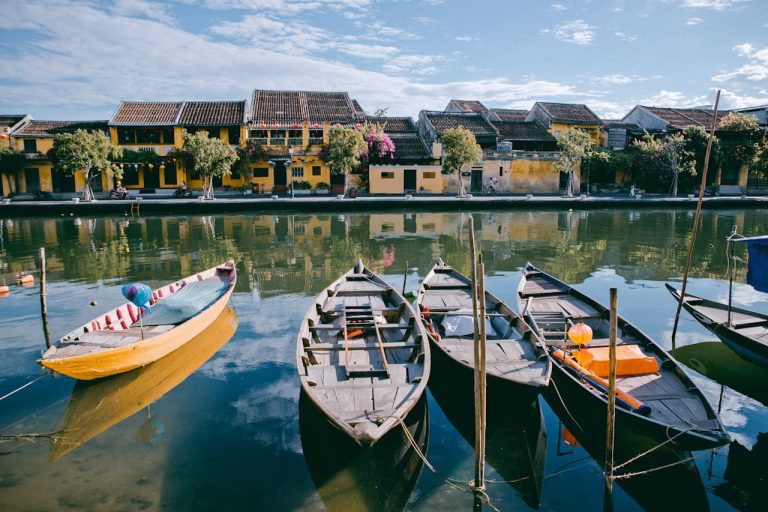 Boats docked on river, Hoi An, Vietnam